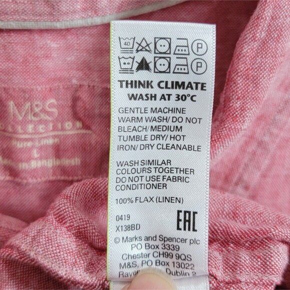 M&S Collection Shirt Mens Large Red 100% Linen Short Sleeve Casual Button Up - Picture 12 of 13